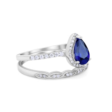 Art Deco Teardrop Wedding Piece Ring Simulated Blue Sapphire CZ 925 Sterling Silver